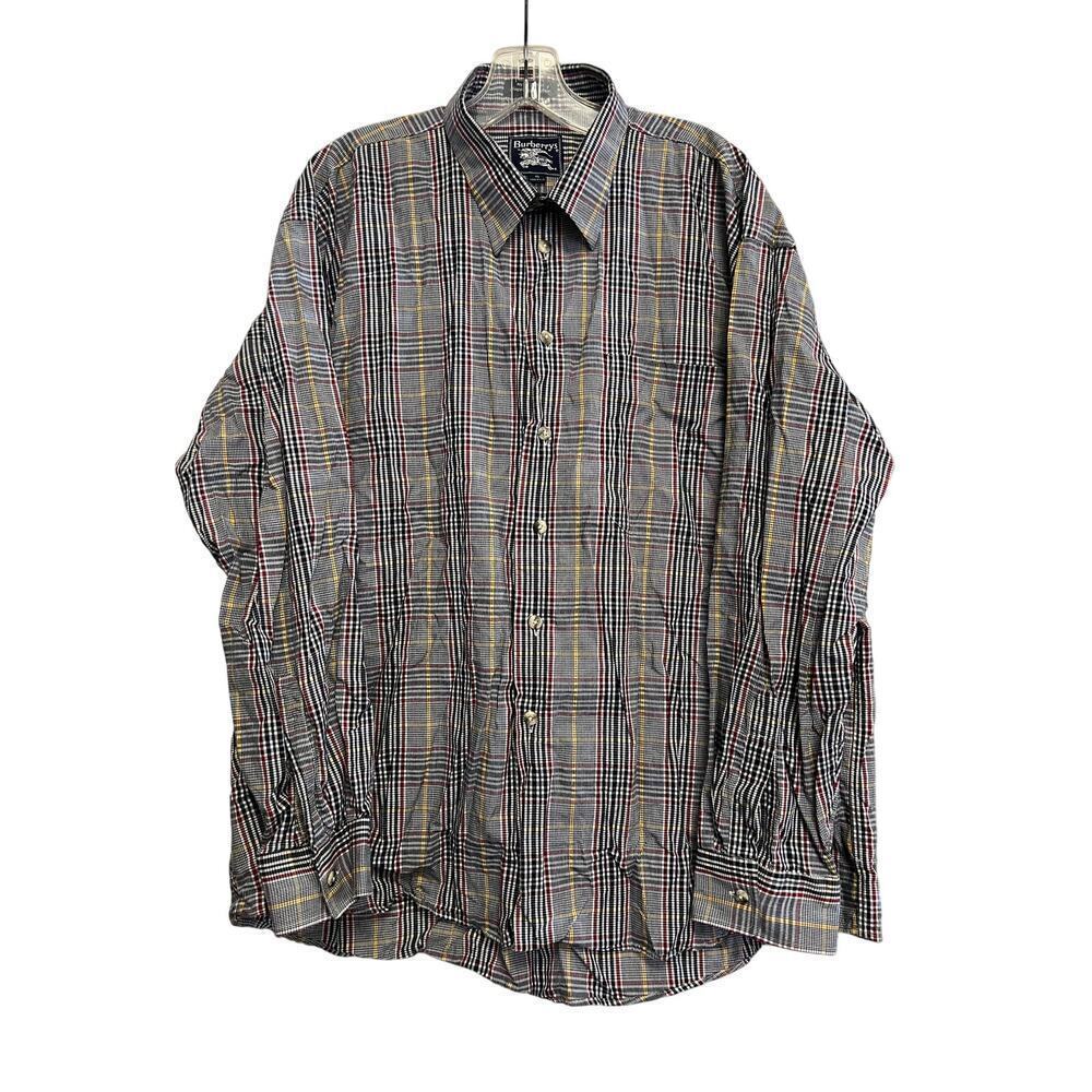 Burberry Gray Red Yellow Plaid Long Sleeve Cotton Button Down Shirts Sz XL GS